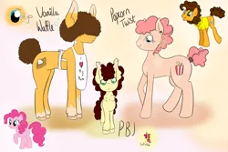 Size: 3000x2000 | Tagged: safe, artist:silverderpychu, derpibooru import, cheese sandwich, pinkie pie, oc, oc:pbj, oc:popcorn twist, oc:vanilla waffle, earth pony, pony, afro, apron, cheesepie, clothes, colt, cutie mark, female, filly, hair over eyes, image, jpeg, male, shipping, siblings, straight