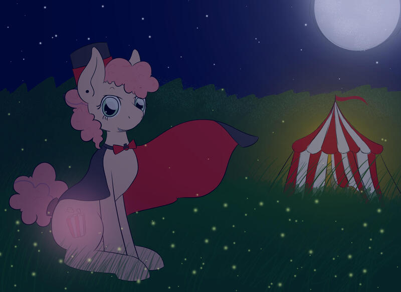 Size: 2340x1705 | Tagged: safe, artist:silverderpychu, derpibooru import, oc, oc:popcorn twist, earth pony, firefly (insect), insect, pony, bowtie, cape, circus tent, clothes, cutie mark, female, filly, fullmoon, hat, image, jpeg, looking at you, night, offspring, parent:cheese sandwich, parent:pinkie pie, parents:cheesepie, sitting, solo, stars, top hat