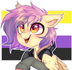 Size: 2208x2158 | Tagged: safe, artist:sincerelyxiao, artist:_spacemonkeyz_, derpibooru import, oc, pegasus, eyebrows visible through hair, eye clipping through hair, image, png, pride flag, solo