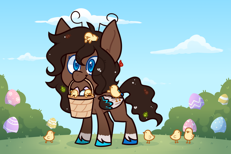 Size: 3000x2000 | Tagged: safe, artist:jetjetj, derpibooru import, oc, oc:june bug, pegasus, pony, basket, chibi, chick, easter egg, female, image, mare, mouth hold, png, solo