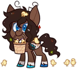 Size: 2016x1812 | Tagged: safe, artist:jetjetj, derpibooru import, oc, oc:june bug, pegasus, pony, basket, chibi, chick, easter egg, female, image, mare, mouth hold, png, simple background, solo, transparent background