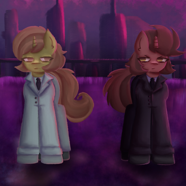 Size: 3000x3000 | Tagged: safe, artist:menalia, derpibooru import, oc, oc:menalia, oc:violencia, unofficial characters only, pony, unicorn, aesthetics, after rain, bridge, city, clothes, female, gloves, horn, image, mare, necktie, night, pants, png, shirt, shoes, suit