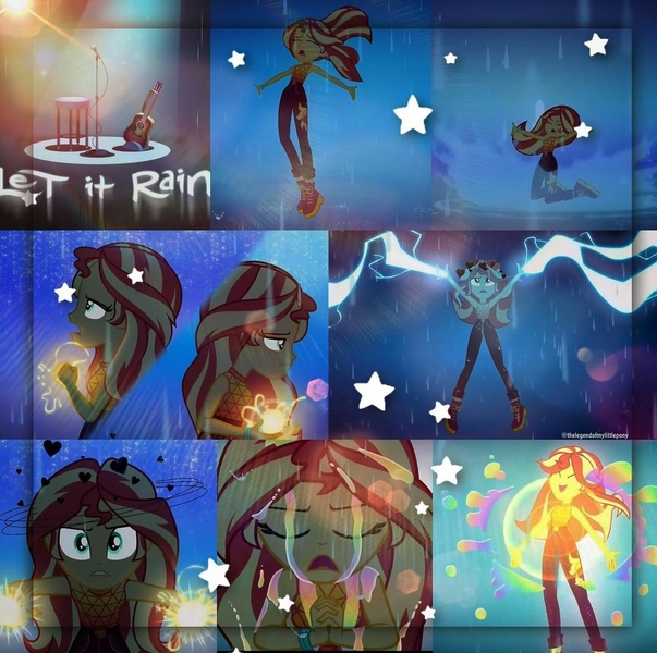 Size: 1080x1075 | Tagged: safe, derpibooru import, edit, edited screencap, editor:thelegendofmylittlepony, screencap, sunset shimmer, equestria girls, equestria girls series, let it rain, spoiler:eqg series (season 2), crying, cute, eyes closed, guitar, image, jpeg, lightning, microphone, microphone stand, musical instrument, open mouth, rain, shimmerbetes, singing