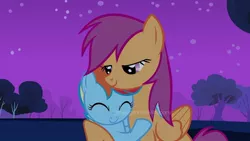 Size: 1080x608 | Tagged: safe, derpibooru import, edit, edited screencap, editor:thelegendofmylittlepony, screencap, rainbow dash, scootaloo, pegasus, pony, sleepless in ponyville, ^^, age progression, age regression, age swap, eyes closed, female, filly, filly rainbow dash, hug, image, jpeg, mare, night, older, older scootaloo, role reversal, younger