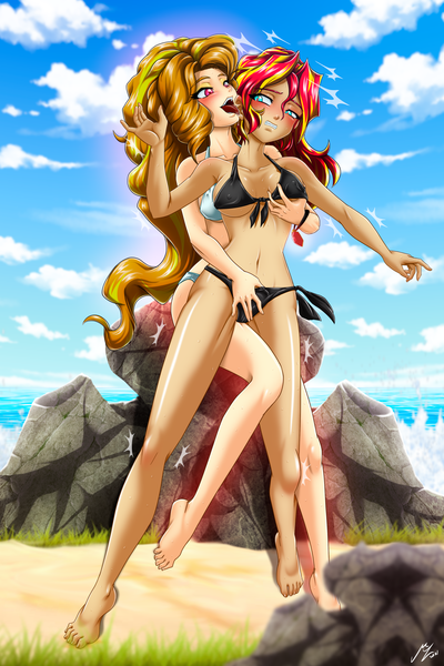 Size: 2618x3925 | Tagged: questionable, artist:mauroz, derpibooru import, adagio dazzle, sunset shimmer, human, a-domme-gio, anime, beach, belly button, beneath clothes, bikini, bikini top, blushing, breasts, clothes, cloud, commission, ear licking, erect nipples, eyeshadow, female, females only, femdom, femsub, fondling, gritted teeth, grope, hand in underwear, humanized, image, implied fingering, lesbian, licking, makeup, nipple outline, ocean, offscreen sex, png, sex on the beach, shipping, sky, softcore, submissive, subset, sunsagio, swimsuit, tongue out, underwear, water