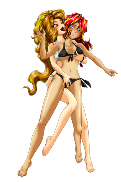 Size: 2618x3925 | Tagged: questionable, alternate version, artist:mauroz, derpibooru import, adagio dazzle, sunset shimmer, human, a-domme-gio, anime, belly button, beneath clothes, bikini, bikini top, blushing, breasts, clothes, cloud, commission, ear licking, erect nipples, eyeshadow, female, females only, femdom, femsub, fondling, gritted teeth, grope, hand in underwear, humanized, image, implied fingering, lesbian, licking, makeup, nipple outline, offscreen sex, png, shipping, simple background, softcore, submissive, subset, sunsagio, swimsuit, tongue out, transparent background, underwear, water