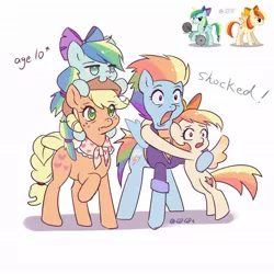 Size: 1024x1024 | Tagged: safe, artist:w33484365, derpibooru import, applejack, rainbow dash, oc, earth pony, pegasus, appledash, earth pony oc, female, image, jpeg, lesbian, magical lesbian spawn, offspring, older, older applejack, older rainbow dash, open mouth, parent:applejack, parent:rainbow dash, pegasus oc, ribbon, shipping, shocked, simple background, white background, wings