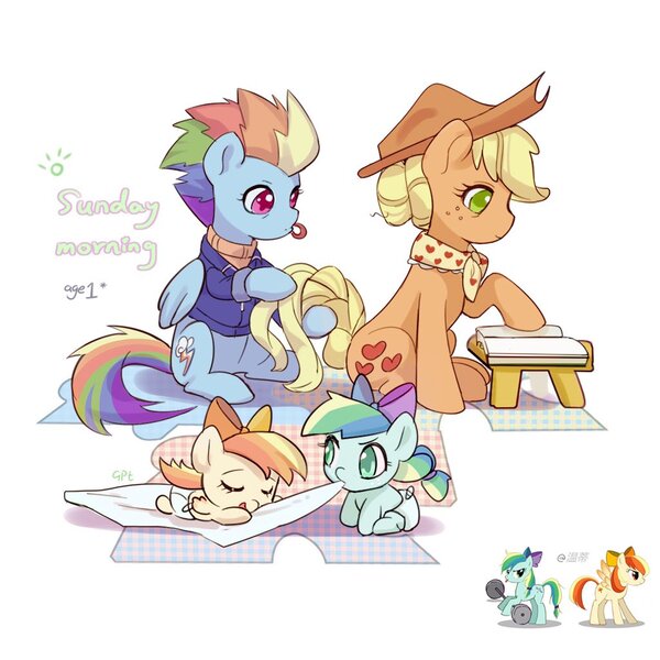 Size: 1024x1024 | Tagged: safe, artist:w33484365, derpibooru import, applejack, rainbow dash, oc, earth pony, pegasus, appledash, earth pony oc, female, image, jpeg, lesbian, magical lesbian spawn, offspring, older, older applejack, older rainbow dash, open mouth, parent:applejack, parent:rainbow dash, pegasus oc, ribbon, shipping, shocked, simple background, white background, wings