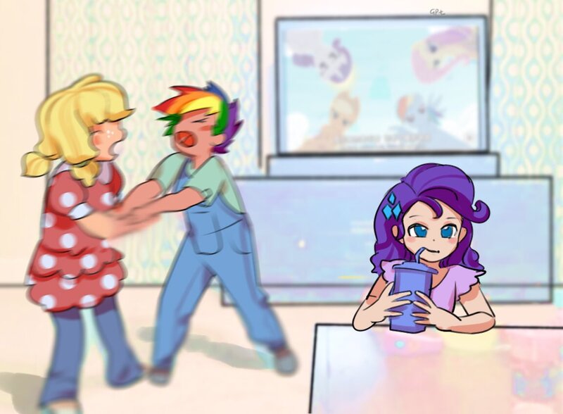 Size: 1154x848 | Tagged: episode needed, safe, artist:w33484365, artist:卯卯七, derpibooru import, applejack, fluttershy, rainbow dash, rarity, human, equestria girls, appledash, child, clothes, context in description, cup, cute, detailed background, drinking, eyes closed, female, fight, freckles, fresh princess of friendship, hairclip, human coloration, humanized, image, jpeg, kids, lesbian, meme, open mouth, overalls, pigtails, ponified meme, ponified photo, shipping, sippy cup, television, younger