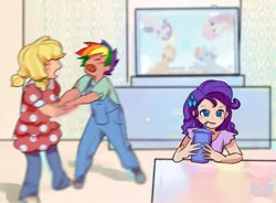 Size: 1154x848 | Tagged: episode needed, safe, artist:w33484365, artist:卯卯七, derpibooru import, applejack, fluttershy, rainbow dash, rarity, human, equestria girls, appledash, child, clothes, context in description, cup, cute, detailed background, drinking, eyes closed, female, fight, freckles, fresh princess of friendship, hairclip, human coloration, humanized, image, jpeg, kids, lesbian, meme, open mouth, overalls, pigtails, ponified meme, ponified photo, shipping, sippy cup, television, younger