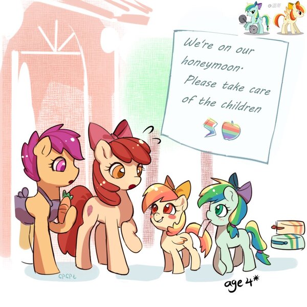 Size: 1024x1024 | Tagged: safe, artist:w33484365, derpibooru import, apple bloom, scootaloo, oc, earth pony, pegasus, pony, child care, earth pony oc, female, filly, image, jpeg, mouth hold, paper, parent:applejack, parent:rainbow dash, pegasus oc, wings