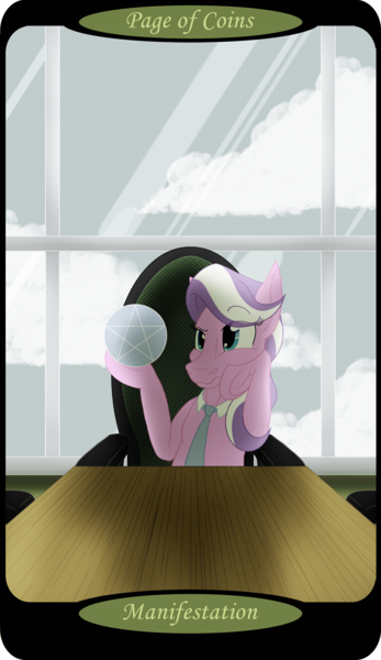 Size: 1500x2591 | Tagged: safe, artist:sixes&sevens, derpibooru import, diamond tiara, earth pony, chair, female, image, minor arcana, necktie, older, older diamond tiara, page of coins, png, solo, table, tarot card, window