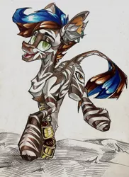 Size: 933x1280 | Tagged: safe, artist:narkozexe, derpibooru import, oc, unofficial characters only, zebra, amputee, ear piercing, earring, image, jewelry, jpeg, lidded eyes, looking at you, piercing, prosthetic leg, prosthetic limb, prosthetics, smiling, solo, traditional art