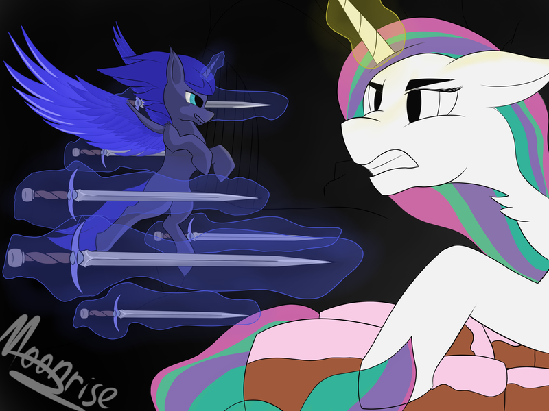 Size: 4096x3072 | Tagged: safe, artist:marimora, derpibooru import, princess celestia, princess luna, cake, fight, food, image, magic, magic aura, png, simple background, sword, weapon, wings