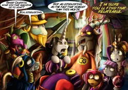 Size: 1250x884 | Tagged: safe, artist:jamescorck, derpibooru import, babs seed, discord, maud pie, rarity, rockhoof, spike, zecora, oc, oc:movie slate, dragon, pony, bowling ball, captain goodguy, image, mystery men, older, png, winged spike