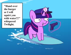 Size: 1280x992 | Tagged: safe, artist:vultraz, edit, twilight sparkle, pony, unicorn, sparkles! the wonder horse!, female, grin, gun, handgun, hat, image, magic, ocean, pistol, png, police, police hat, smiling, solo, surfing, telekinesis, unicorn twilight, water, weapon