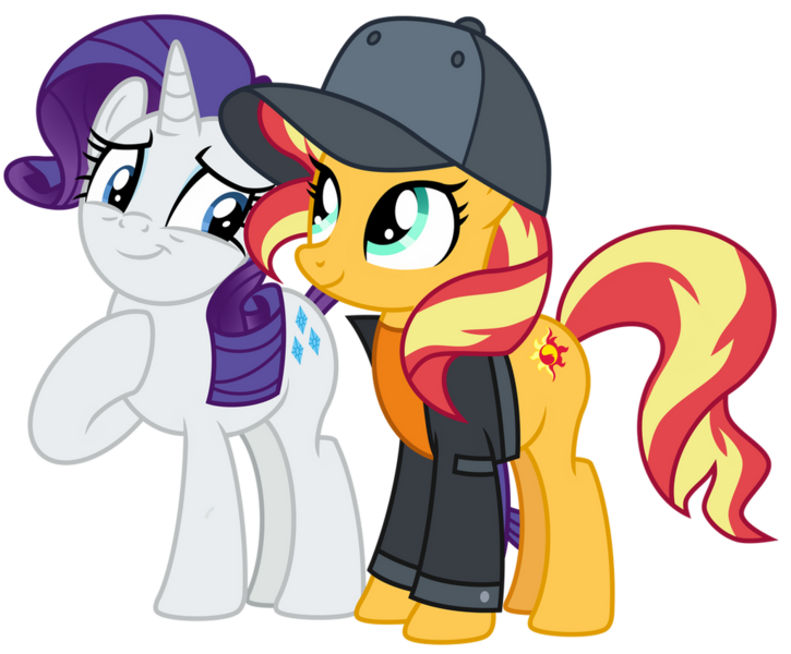 Size: 1024x848 | Tagged: safe, artist:emeraldblast63, derpibooru import, rarity, sunset shimmer, display of affection, equestria girls, equestria girls series, cute, duo, duo female, female, friends, hat, image, png, shimmerbetes