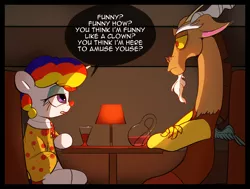 Size: 2944x2231 | Tagged: safe, artist:vultraz, derpibooru import, discord, rarity, draconequus, pony, unicorn, /mlp/, clown, clown nose, clownity, comic, dialogue, discord is not amused, drawthread, duo, female, glass, goodfellas, image, klein bottle, male, mare, parody, png, rarity is not amused, speech bubble, table, unamused, wine glass