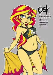 Size: 1064x1500 | Tagged: suggestive, artist:oldskullkid, derpibooru import, sunset shimmer, equestria girls, belly button, blue eyes, breasts, busty sunset shimmer, clothes, image, jpeg, swimsuit