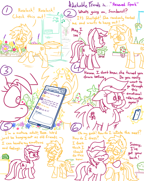 Size: 4779x6013 | Tagged: safe, artist:adorkabletwilightandfriends, derpibooru import, roseluck, starlight glimmer, sunburst, comic:adorkable twilight and friends, adorkable, adorkable friends, advice, comic, confused, cute, dating, dork, flower, friendship, garden, help, hug, image, kindness, life, love, magic, mobile phone, nervous, phone, plants, png, relationship, relatioships, running, slice of life, smartphone, store