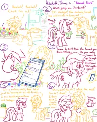 Size: 4779x6013 | Tagged: safe, artist:adorkabletwilightandfriends, derpibooru import, roseluck, starlight glimmer, sunburst, comic:adorkable twilight and friends, adorkable, adorkable friends, advice, comic, confused, cute, dating, dork, flower, friendship, garden, help, hug, image, kindness, life, love, magic, mobile phone, nervous, phone, plants, png, relationship, relatioships, running, slice of life, smartphone, store