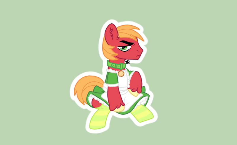 Size: 1294x795 | Tagged: safe, artist:tooadorablebean, derpibooru import, big macintosh, earth pony, pony, annoyed, apron, clothes, collar, commission, crossdressing, dress, green background, image, maid, male, png, simple background, sitting, socks, solo, stallion, striped socks, unamused, unshorn fetlocks, ych result