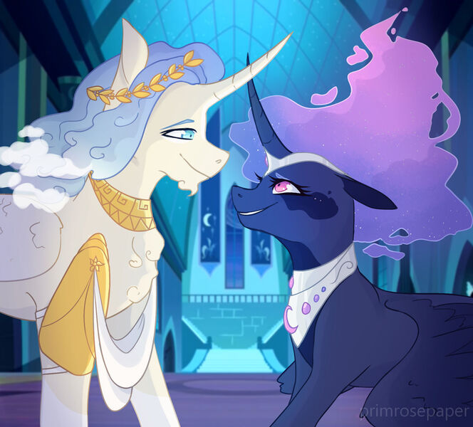 Size: 1280x1156 | Tagged: safe, artist:primrosepaper, derpibooru import, oc, oc:king morningtide, oc:queen umbra, alicorn, pony, celestia and luna's father, celestia and luna's mother, image, jpeg, story included