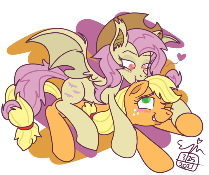 Size: 1381x1158 | Tagged: safe, artist:erenerakhard, derpibooru import, applejack, fluttershy, bat pony, earth pony, pegasus, pony, abstract background, applejack's hat, appleshy, bat ponified, biting, blushing, cowboy hat, cuddling, ear bite, female, flutterbat, flutterbat biting applejack, grin, hat, heart eyes, hoof hold, image, lesbian, nibbling, one eye closed, png, race swap, shipping, simple background, smiling, transparent background, wingding eyes