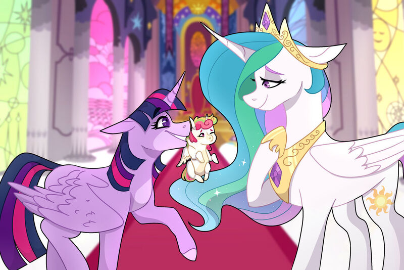 Size: 1280x854 | Tagged: safe, artist:primrosepaper, derpibooru import, princess celestia, twilight sparkle, twilight sparkle (alicorn), oc, alicorn, pony, cutie mark, female, foal, holding a pony, horn, image, jewelry, jpeg, magical lesbian spawn, mouth hold, multiple parents, next generation, offspring, parent:applejack, parent:fluttershy, parent:pinkie pie, parent:rainbow dash, parent:rarity, parent:twilight sparkle, parents:omniship, raised hoof, regalia, scruff, smiling, stained glass, throne room, what has magic done, wings