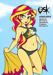 Size: 1064x1500 | Tagged: suggestive, artist:oldskullkid, deleted from derpibooru, derpibooru import, sunset shimmer, equestria girls, beach towel, belly button, bikini, blue eyes, breasts, busty sunset shimmer, clothes, female, image, jpeg, looking at you, stupid sexy sunset shimmer, swimsuit, towel