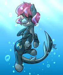 Size: 2200x2600 | Tagged: safe, artist:frecklesfanatic, derpibooru import, oc, oc:cannonball, original species, shark, shark pony, image, looking at you, one eye closed, png, smiling, species swap, underwater, wink, winking at you