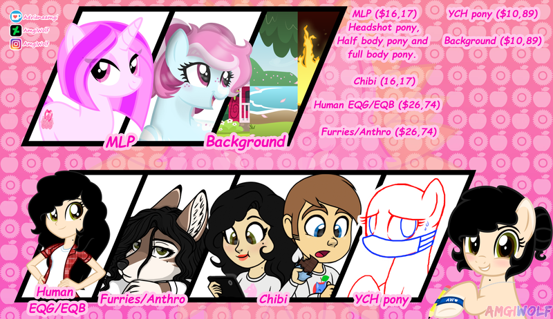 Size: 2828x1632 | Tagged: safe, artist:amgiwolf, derpibooru import, oc, oc:amgi, oc:applewolf, oc:pinky rose, earth pony, human, pony, unicorn, wolf, advertisement, bust, commission info, earth pony oc, face mask, female, grin, horn, humanized, image, male, mare, mask, png, smiling, species swap, unicorn oc