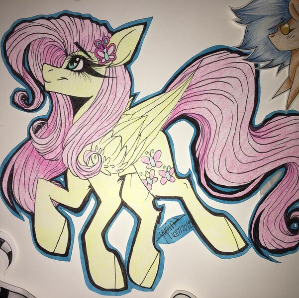 Size: 1080x1079 | Tagged: safe, artist:moshi.poni, derpibooru import, fluttershy, pegasus, pony, colored hooves, eyelashes, female, hairclip, image, jpeg, looking up, mare, signature, smiling, solo, traditional art, wings