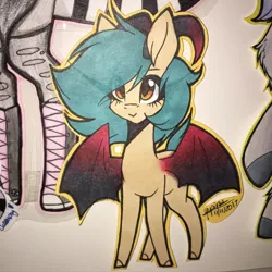 Size: 1080x1080 | Tagged: safe, artist:moshi.poni, derpibooru import, demon, demon pony, original species, pony, bat wings, clothes, colored hooves, converse, ear fluff, eyelashes, female, horns, image, jpeg, mare, offscreen character, shoes, signature, smiling, traditional art, wings