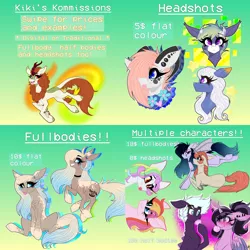 Size: 2160x2160 | Tagged: safe, artist:moshi.poni, derpibooru import, autumn blaze, coconut cream, toola roola, oc, alicorn, bat pony, earth pony, kirin, pony, unicorn, :p, advertisement, alicorn oc, bat pony oc, bat wings, blushing, bubblegum, bust, chest fluff, choker, commission info, curved horn, derp, ear fluff, ear piercing, eye clipping through hair, eyelashes, female, food, frog (hoof), gradient background, grin, gum, horn, horns, image, leonine tail, licking, licking lips, mare, piercing, png, smiling, tongue out, underhoof, unicorn oc, wings