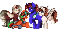 Size: 4309x2250 | Tagged: safe, artist:pridark, derpibooru import, oc, unofficial characters only, alicorn, bat pony, bat pony alicorn, pegasus, pony, unicorn, alicorn oc, bat pony oc, bat wings, clothes, commission, crossed hooves, goggles, group, headphones, hoodie, horn, image, png, tongue out, wings