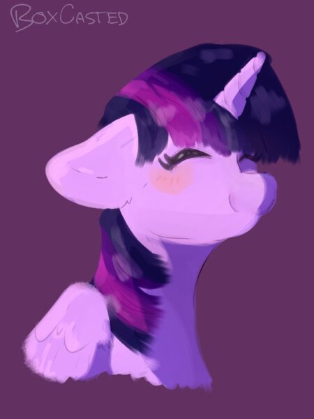 Size: 768x1024 | Tagged: safe, artist:notboxcasted, derpibooru import, twilight sparkle, twilight sparkle (alicorn), alicorn, pony, blushing, bust, cute, eyes closed, floppy ears, happy, image, jpeg, portrait, purple background, simple background, smiling, solo, twiabetes