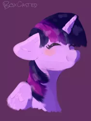 Size: 768x1024 | Tagged: safe, artist:notboxcasted, derpibooru import, twilight sparkle, twilight sparkle (alicorn), alicorn, pony, blushing, bust, cute, eyes closed, floppy ears, happy, image, jpeg, portrait, purple background, simple background, smiling, solo, twiabetes