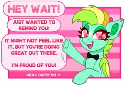 Size: 1820x1254 | Tagged: safe, artist:sickly-sour, derpibooru import, oc, oc:kokomo, unofficial characters only, bat pony, pony, bowtie, fangs, female, image, jpeg, mare, motivational