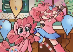 Size: 1506x1080 | Tagged: safe, artist:inkyyz, derpibooru import, pinkie pie, earth pony, human, pony, balloon, bow, bracelet, confetti, cute, diapinkes, ear piercing, eyes closed, female, hair bow, heart eyes, human ponidox, humanized, image, jewelry, jpeg, mare, open mouth, piercing, self ponidox, wingding eyes