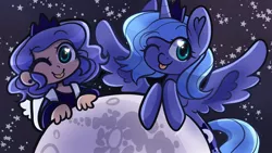 Size: 1920x1080 | Tagged: safe, artist:inkyyz, derpibooru import, princess luna, alicorn, human, pony, :p, backpack, crown, cute, female, filly, full moon, heart eyes, human ponidox, humanized, image, jewelry, jpeg, looking at you, lunabetes, mare in the moon, moon, night, one eye closed, regalia, self ponidox, sky, spread wings, stars, tangible heavenly object, tongue out, wingding eyes, wings, wink, woona, younger