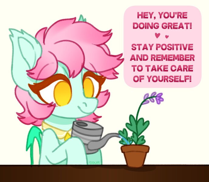 Size: 1185x1034 | Tagged: safe, artist:sickly-sour, derpibooru import, oc, oc:sweet pea, unofficial characters only, bat pony, pony, collar, female, image, jpeg, mare, motivational, solo, text, watering can