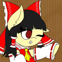 Size: 1024x1024 | Tagged: safe, artist:mrneo, derpibooru import, ponified, earth pony, pony, bow, crossover, female, hakurei reimu, image, jpeg, mare, miko, one eye closed, smiling, touhou, wink