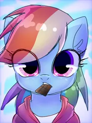 Size: 768x1024 | Tagged: safe, artist:namaenonaipony, derpibooru import, rainbow dash, pegasus, pony, bust, chocolate, clothes, cute, dashabetes, female, food, hoodie, image, jpeg, looking at you, mare, mouth hold, solo, sparkly eyes