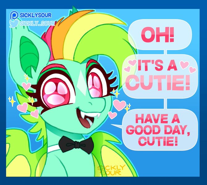 Size: 1200x1075 | Tagged: safe, artist:sickly-sour, derpibooru import, oc, oc:kokomo, unofficial characters only, bat pony, pony, bowtie, fangs, female, image, jpeg, mare, motivational, solo, text