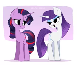Size: 2451x2048 | Tagged: safe, artist:syrupyyy, derpibooru import, rarity, twilight sparkle, pony, unicorn, alternate hairstyle, bedroom eyes, duo, eyeshadow, female, hair swap, image, looking at each other, makeup, mare, open mouth, png, unicorn twilight