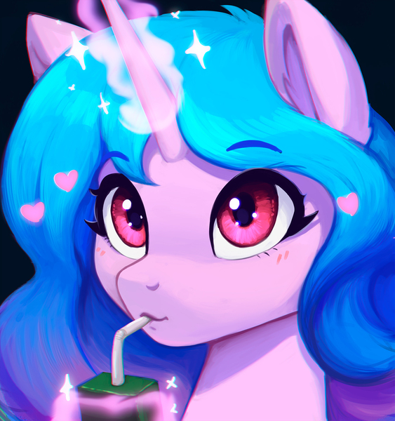 Size: 1500x1598 | Tagged: safe, artist:mrscroup, derpibooru import, izzy moonbow, unicorn, bust, drink, g5, image, jpeg, magic, solo, straw, wingdings