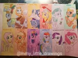 Size: 1080x810 | Tagged: safe, artist:mmy_little_drawings, derpibooru import, applejack, flash magnus, fluttershy, meadowbrook, mistmane, pinkie pie, rainbow dash, rarity, rockhoof, somnambula, star swirl the bearded, twilight sparkle, twilight sparkle (alicorn), alicorn, earth pony, pegasus, pony, unicorn, clothes, eyelashes, female, hat, helmet, horn, image, jpeg, male, mane six, mare, mask, open mouth, pillars of equestria, raised hoof, rearing, shovel, stallion, traditional art, watermark, wings