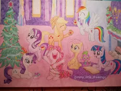 Size: 1080x810 | Tagged: safe, artist:mmy_little_drawings, derpibooru import, applejack, fluttershy, pinkie pie, rainbow dash, rarity, spike, starlight glimmer, twilight sparkle, twilight sparkle (alicorn), alicorn, earth pony, pegasus, pony, unicorn, book, christmas, christmas lights, christmas tree, eyes closed, female, fireplace, flying, holiday, hoof hold, horn, image, indoors, jpeg, looking up, lying down, male, mane seven, mane six, open mouth, prone, reading, traditional art, tree, watermark