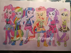Size: 1080x818 | Tagged: safe, artist:mmy_little_drawings, derpibooru import, applejack, fluttershy, pinkie pie, rainbow dash, rarity, sci-twi, sunset shimmer, twilight sparkle, equestria girls, rainbow rocks, clothes, eyelashes, female, grin, hat, humane five, humane six, image, jpeg, open mouth, ponied up, skirt, smiling, the rainbooms, traditional art, watermark, wings